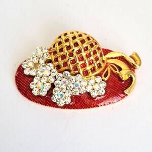 Vintage Gold Tone Red Enameled Hat Floral Rhinestone Cluster Brooch Grandmacore